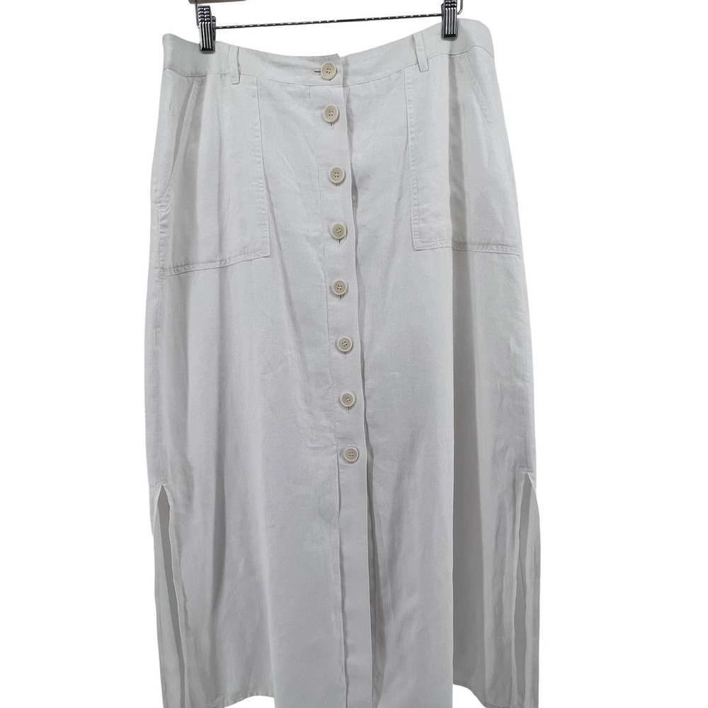 Talbots White 100% Linen Button Front Maxi Skirt with Pockets Size 16 VN1953